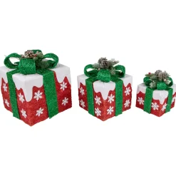 Set of 3 Lighted Red with White Snowflakes Gift Boxes Christmas Decorations