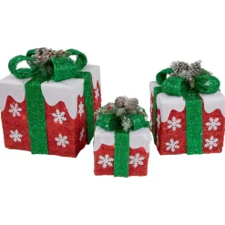 Set of 3 Lighted Red with White Snowflakes Gift Boxes Christmas Decorations