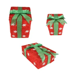 Set of 3 Lighted Red with Green Bows and Snowflakes Gift Boxes Outdoor Christmas Decorations 13"