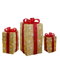 Set of 3 Lighted Tall Gold Gift Boxes with Red Bows Christmas Outdoor Decorations 18"