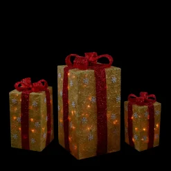 Set of 3 Lighted Tall Gold Gift Boxes with Red Bows Christmas Outdoor Decorations 18"