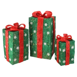 Set of 3 Lighted Tall Green Gift Boxes with Red Bows Christmas Outdoor Decorations 18"