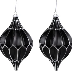 Set of 2 Matte Black and Silver Finial Christmas Glass Ornaments 5"
