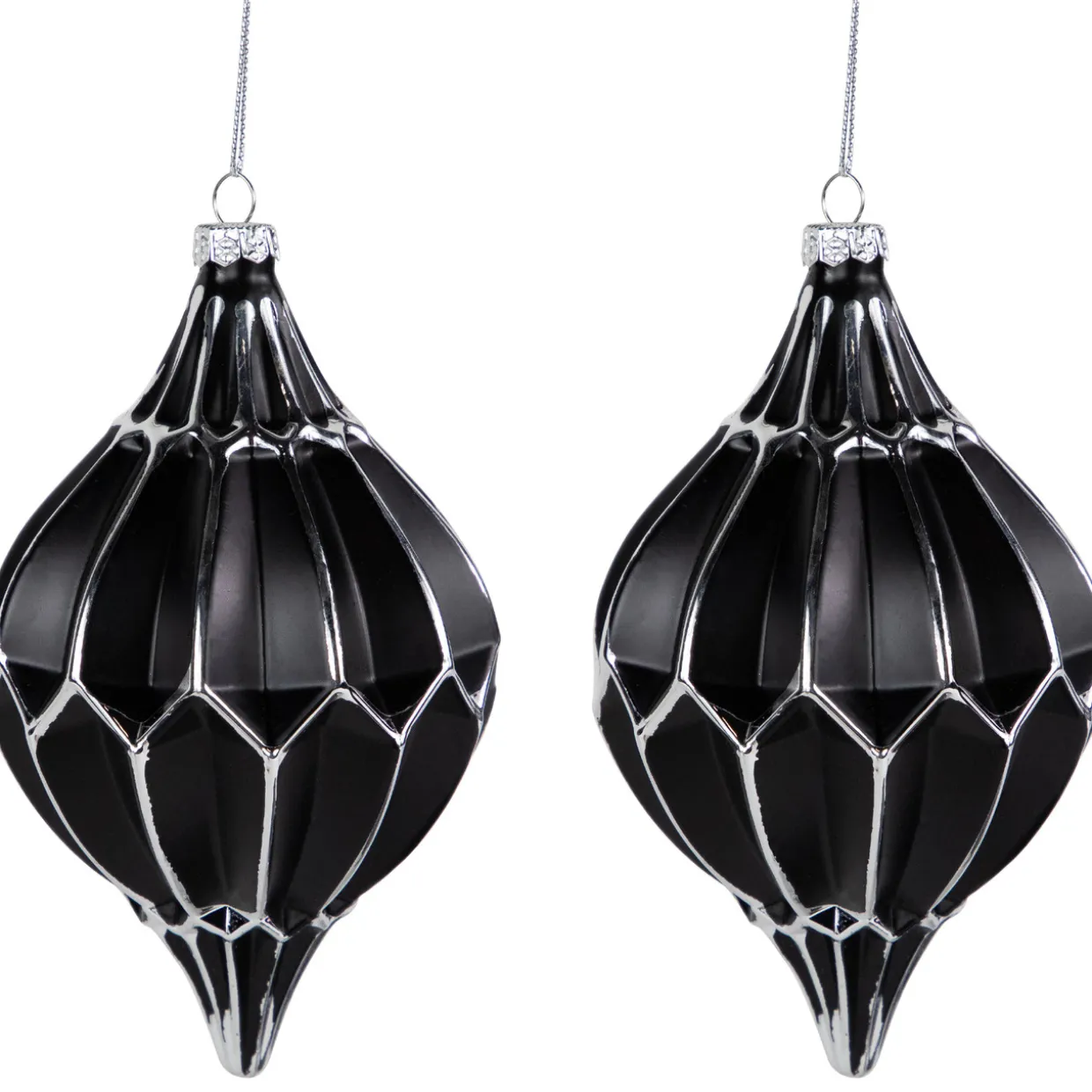 Set of 2 Matte Black and Silver Finial Christmas Glass Ornaments 5"