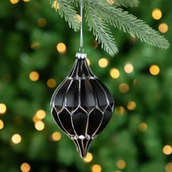 Set of 2 Matte Black and Silver Finial Christmas Glass Ornaments 5"