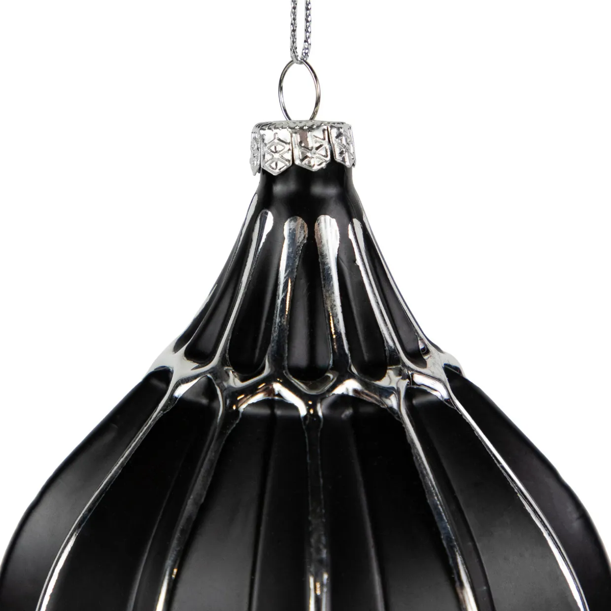 Set of 2 Matte Black and Silver Finial Christmas Glass Ornaments 5"