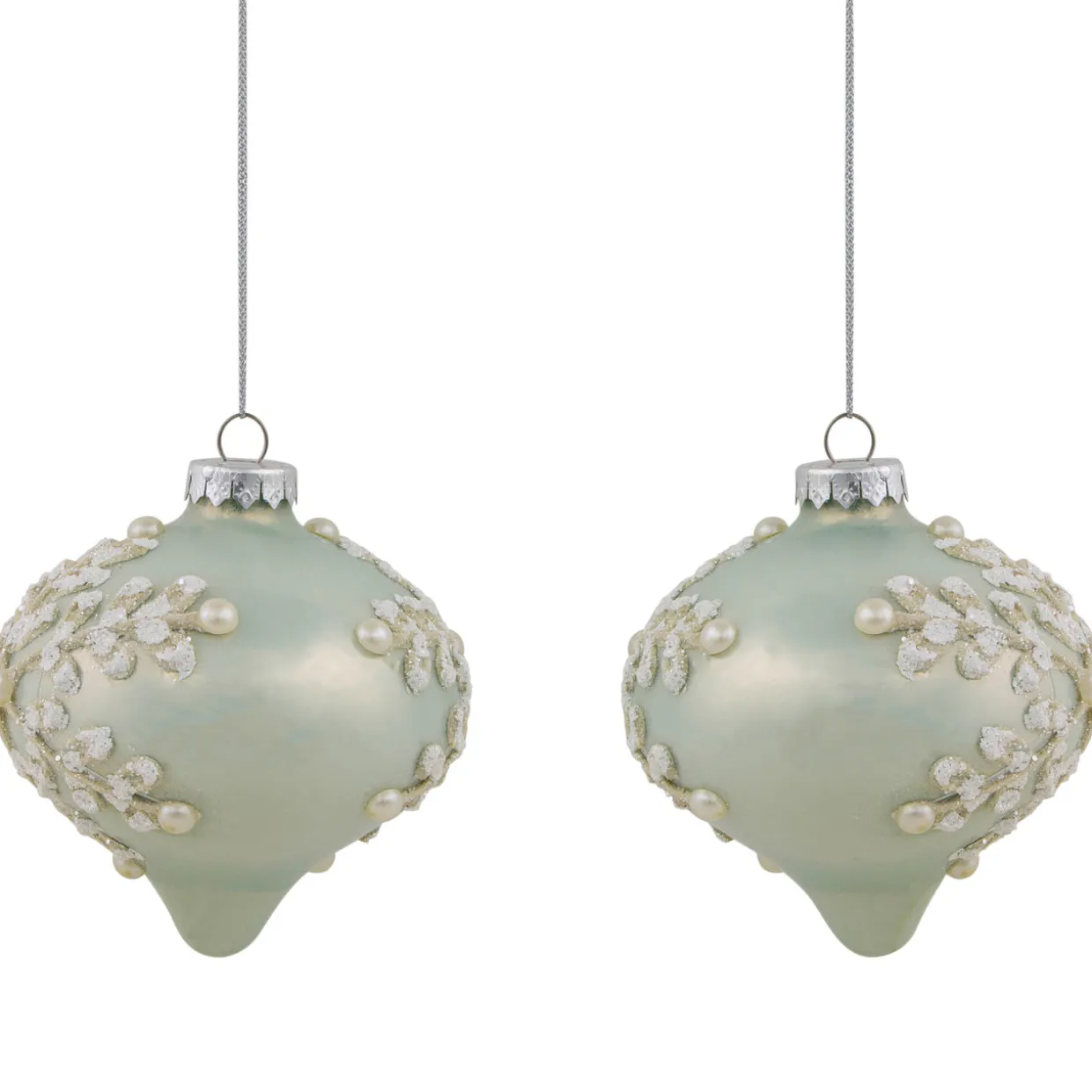 Set of 2 Pastel Green with Icy Snowflakes Christmas Glass Onion Ornaments 4"