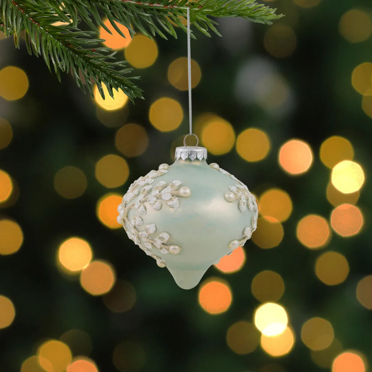 Set of 2 Pastel Green with Icy Snowflakes Christmas Glass Onion Ornaments 4"