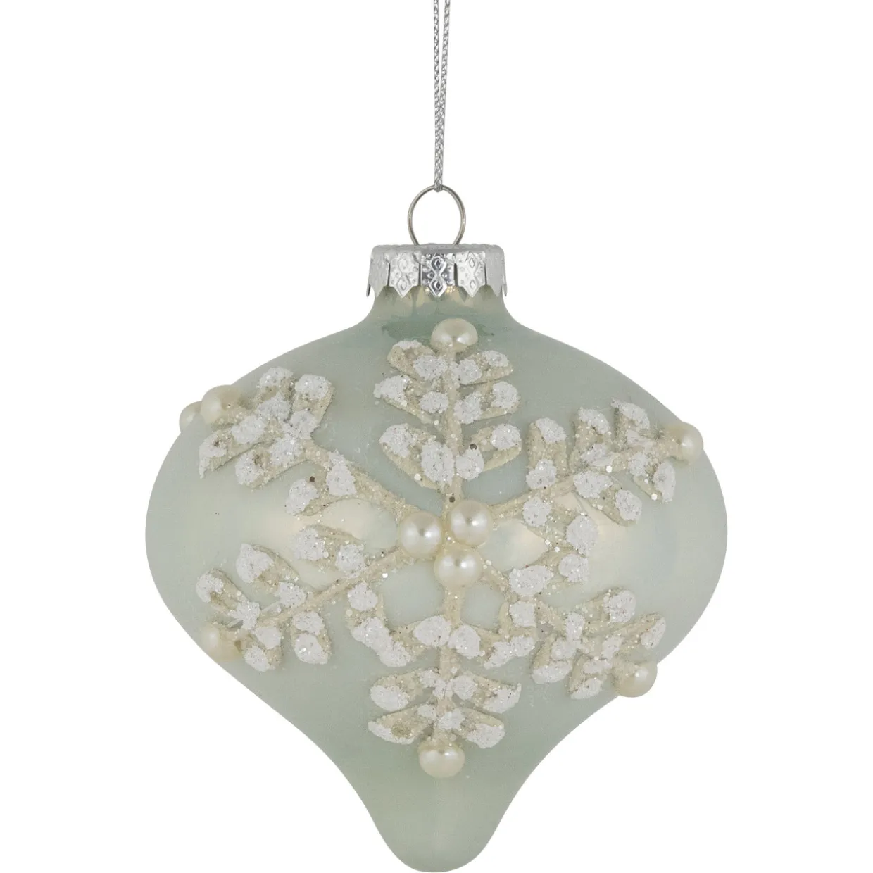 Set of 2 Pastel Green with Icy Snowflakes Christmas Glass Onion Ornaments 4"