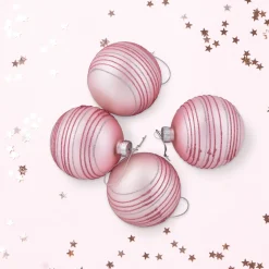 Set of 4 Pink Glitter Striped Glass Christmas Ball Ornaments 3" (80mm)