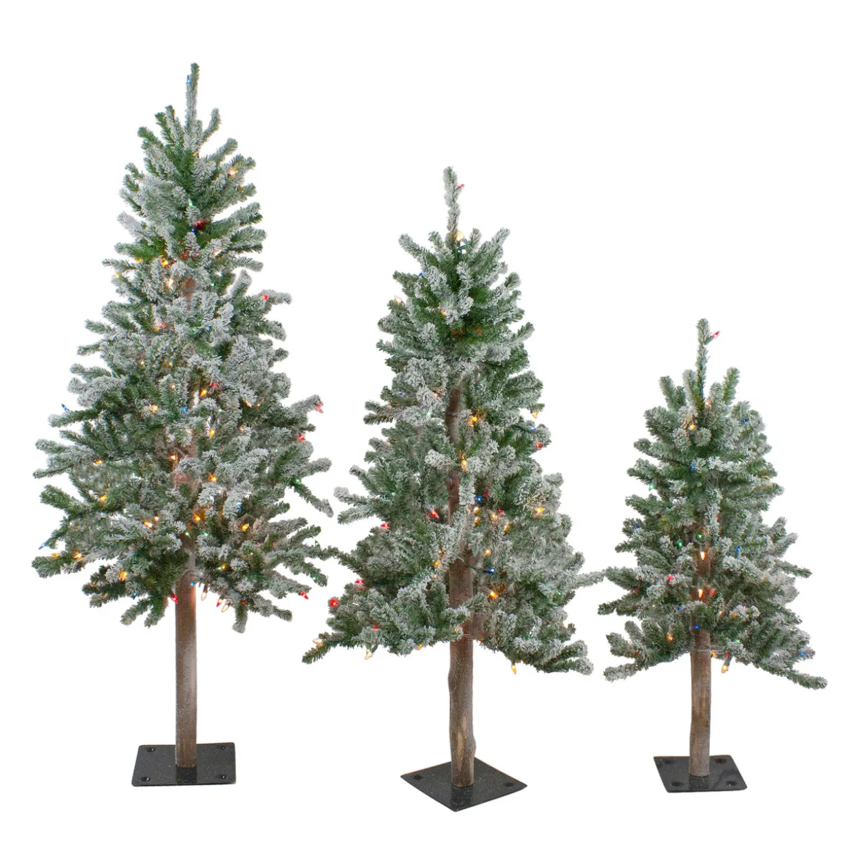 Set of 3 Pre-Lit Flocked Alpine Artificial Christmas Trees 5' - Multi Lights