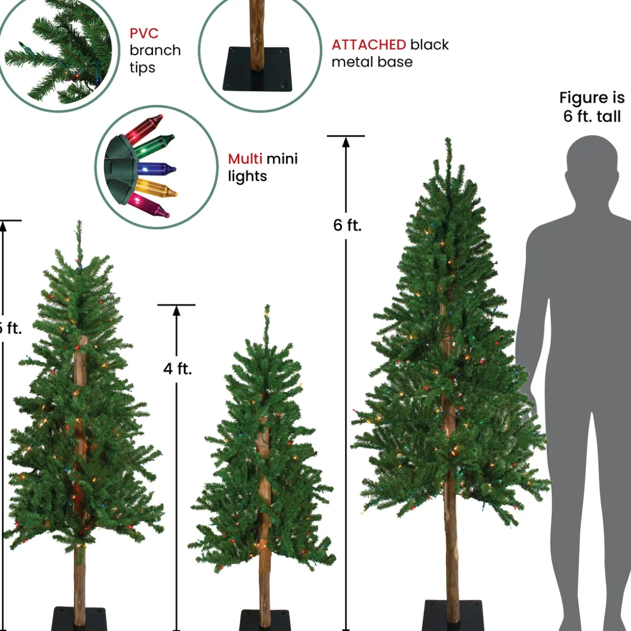 Set of 3 Pre-Lit Slim Alpine Artificial Christmas Trees 6' - Multi Lights