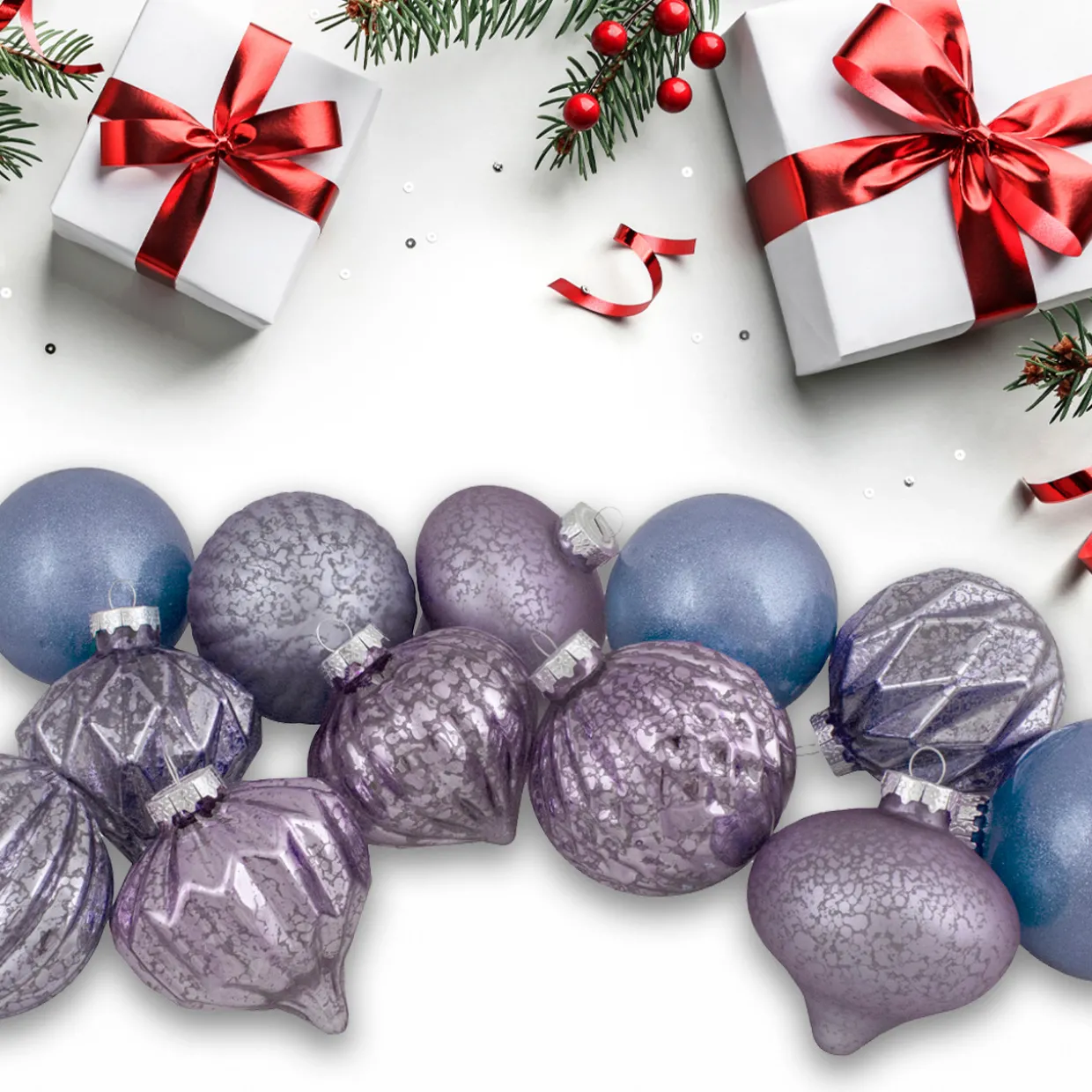 Set of 12 Purple Tone Finial and Glass Ball Christmas Ornaments