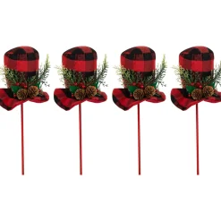 Set of 4 Red and Black Plaid Plush Winter Hat Christmas Picks 15"