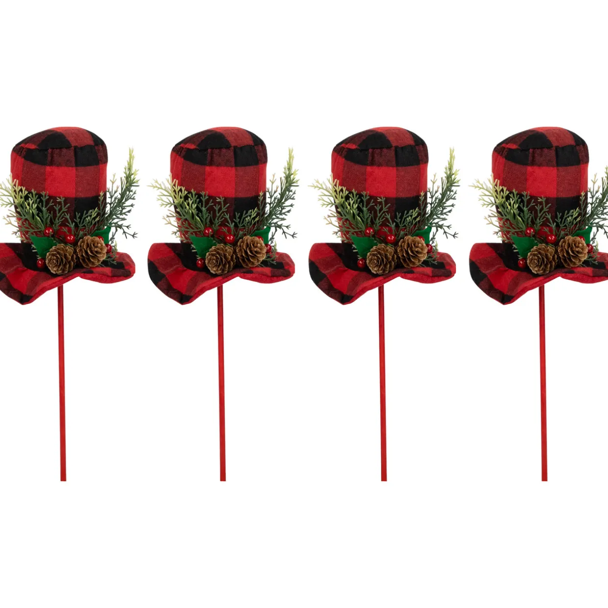 Set of 4 Red and Black Plaid Plush Winter Hat Christmas Picks 15"