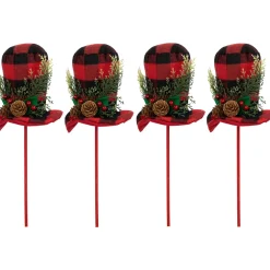 Set of 4 Red and Black Plaid Plush Winter Hat Christmas Picks 15