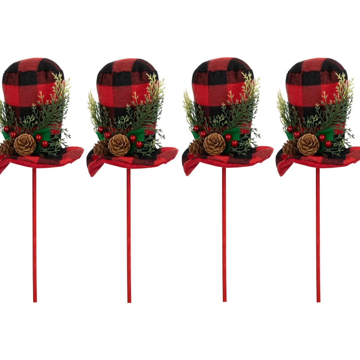 Set of 4 Red and Black Plaid Plush Winter Hat Christmas Picks 15"