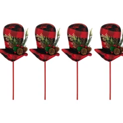 Set of 4 Red and Black Plaid Plush Winter Hat Christmas Picks 15