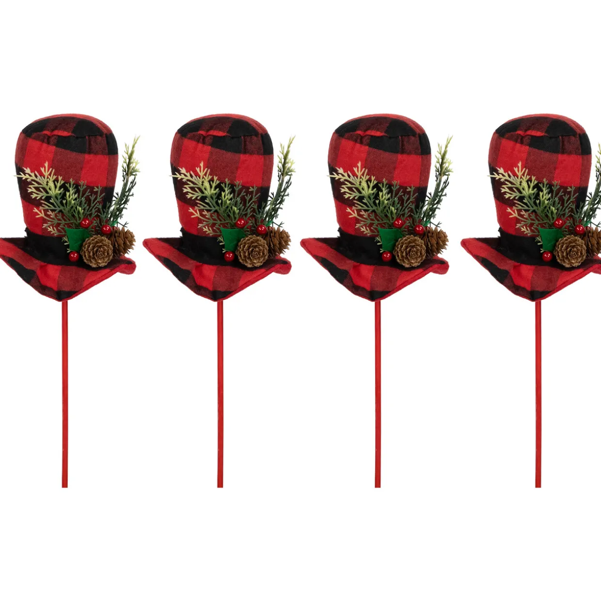 Set of 4 Red and Black Plaid Plush Winter Hat Christmas Picks 15"