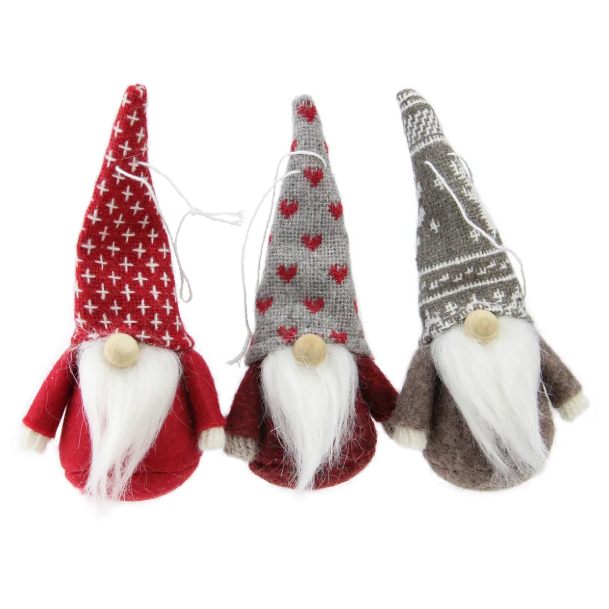 Set of 3 Red and Brown Santa Gnome Christmas Ornaments 4.5"