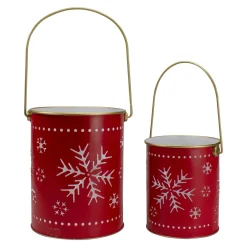Set of 2 Red and Gold Metal Snowflake Candle Lanterns Christmas Decoration