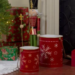 Set of 2 Red and Gold Metal Snowflake Candle Lanterns Christmas Decoration