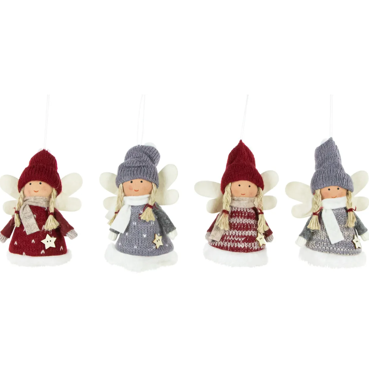 Set of 4 Red and Gray Plush Angel Christmas Ornaments 4.25"