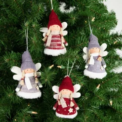 Set of 4 Red and Gray Plush Angel Christmas Ornaments 4.25"