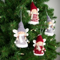 Set of 4 Red and Gray Plush Angel Christmas Ornaments 4.25