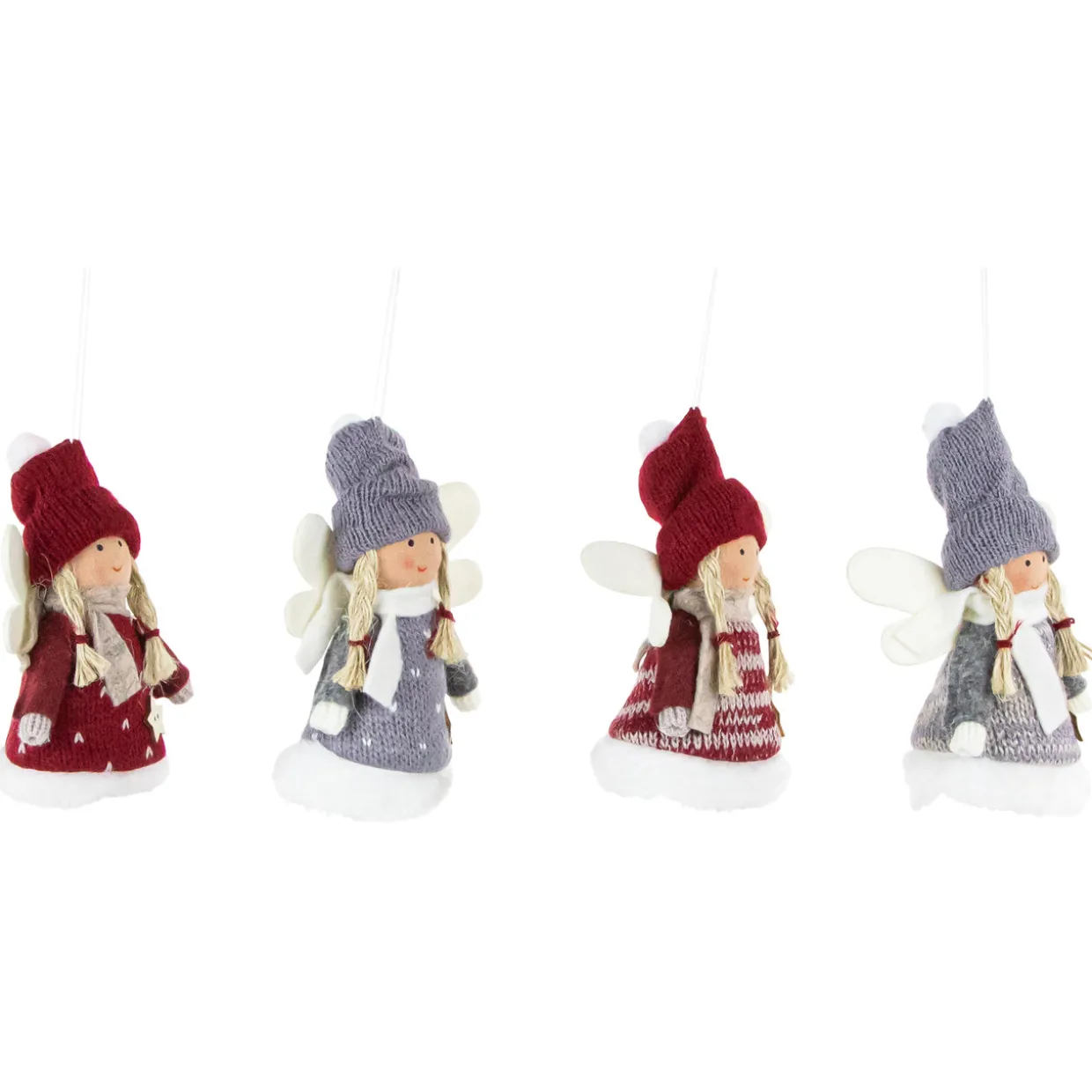 Set of 4 Red and Gray Plush Angel Christmas Ornaments 4.25"