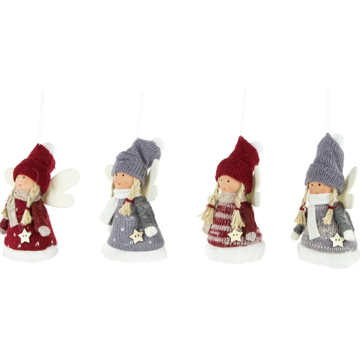 Set of 4 Red and Gray Plush Angel Christmas Ornaments 4.25"