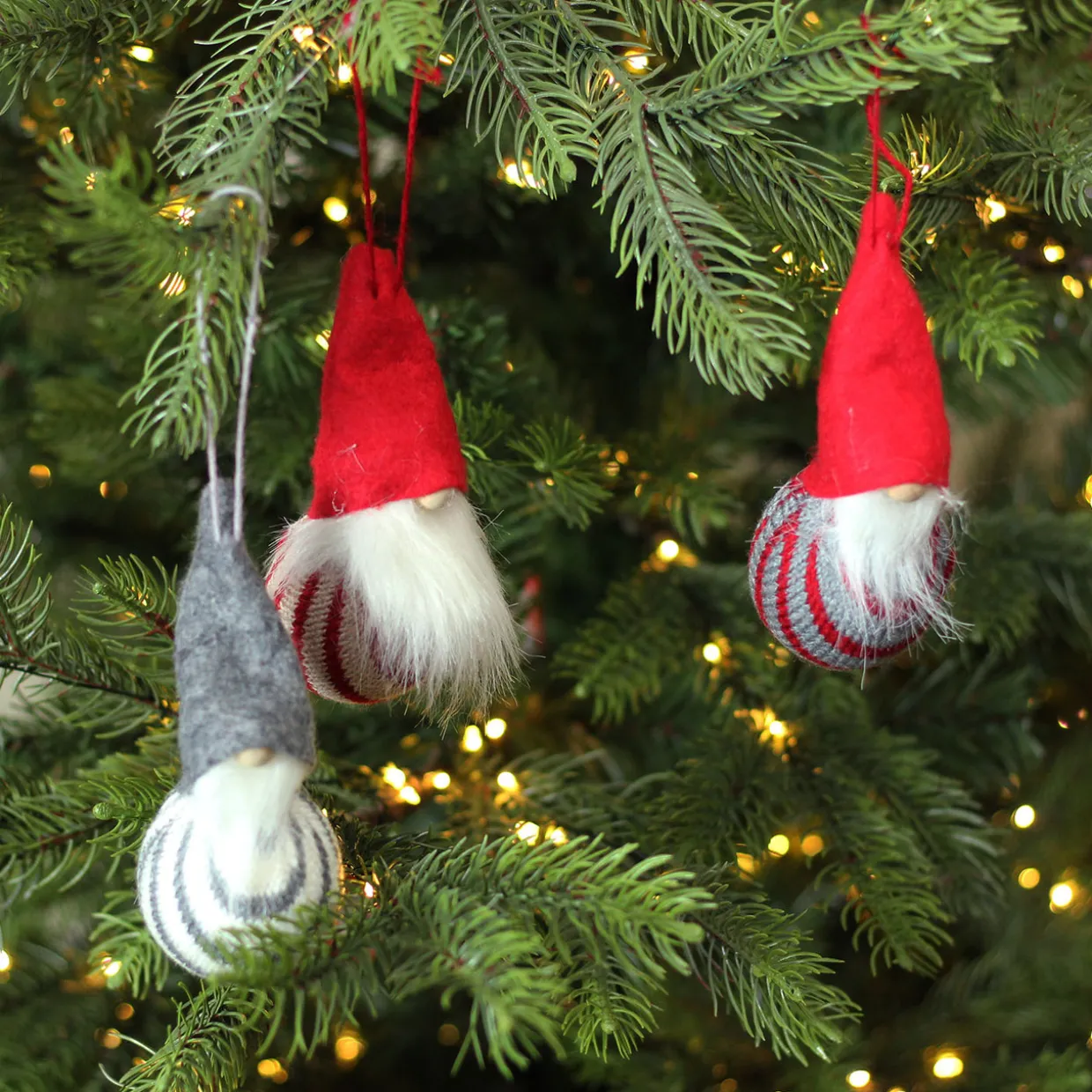 Set of 3 Red and Gray Santa Gnome Christmas Ornaments 4.75"