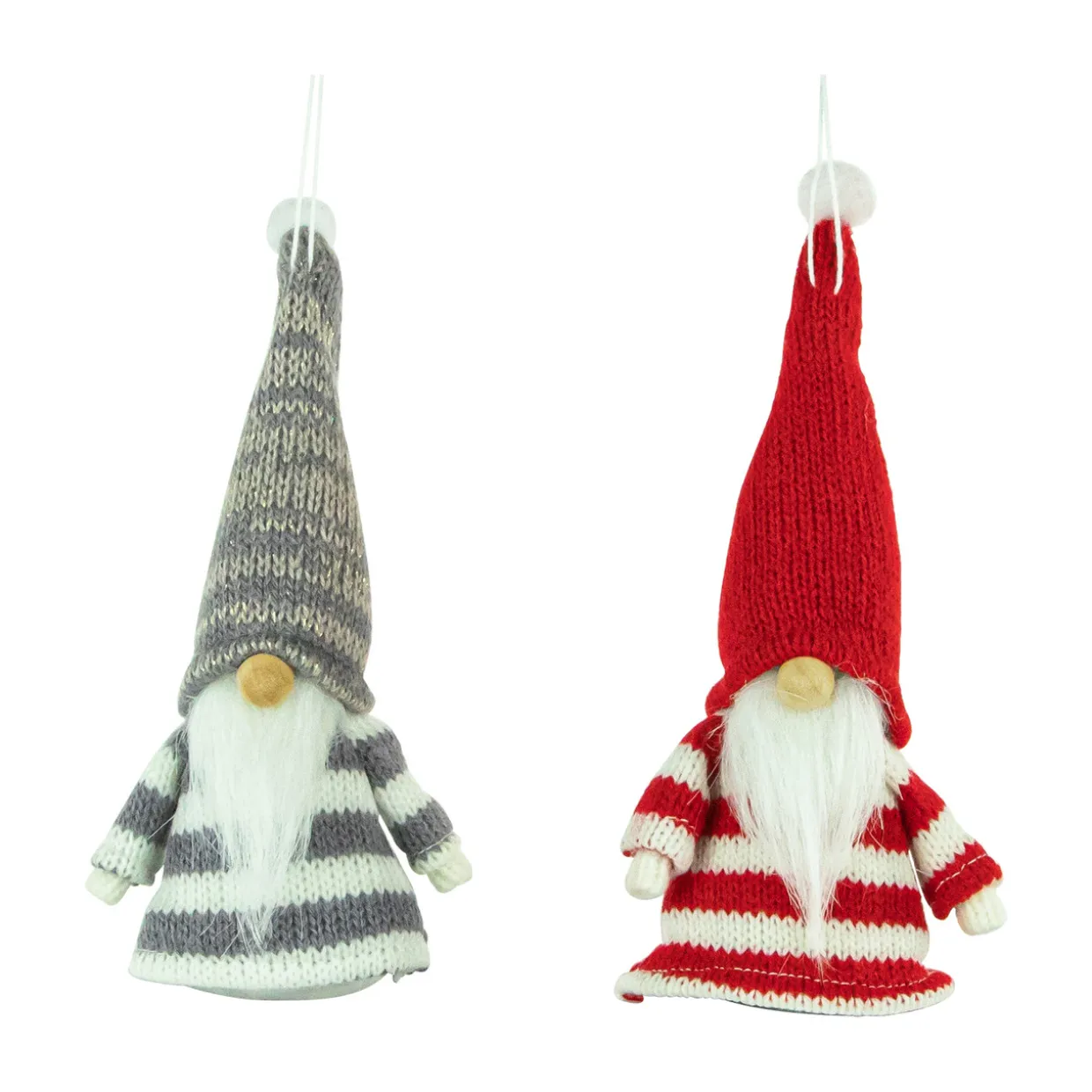 Set of 2 Red and Gray Striped Gnome Plush Christmas Ornaments 6.25"