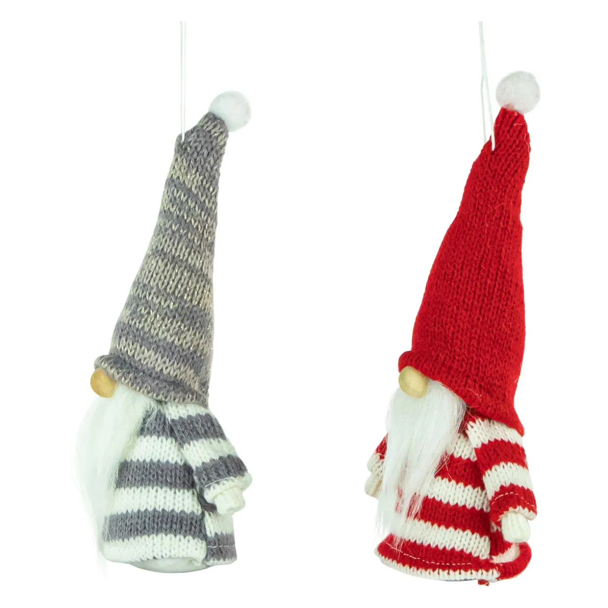 Set of 2 Red and Gray Striped Gnome Plush Christmas Ornaments 6.25"