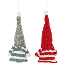 Set of 2 Red and Gray Striped Gnome Plush Christmas Ornaments 6.25