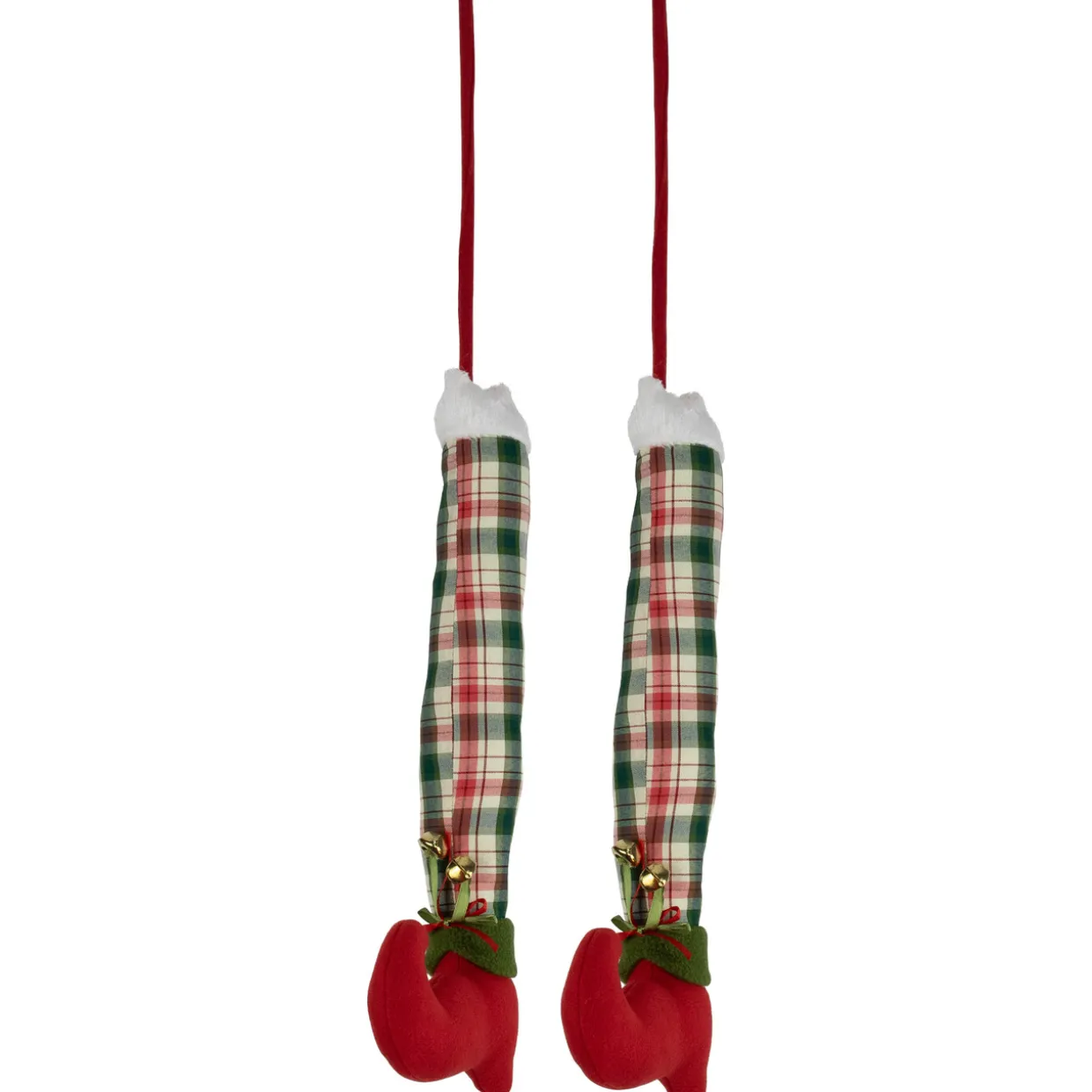Set of 2 Red and Green Plaid Plush Elf Leg Christmas Picks 30"