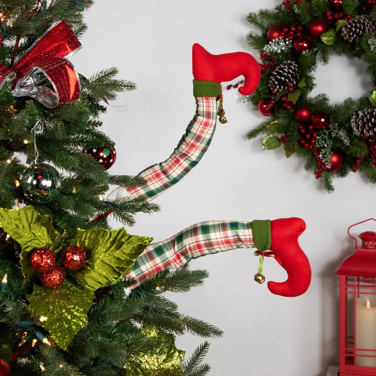 Set of 2 Red and Green Plaid Plush Elf Leg Christmas Picks 30"