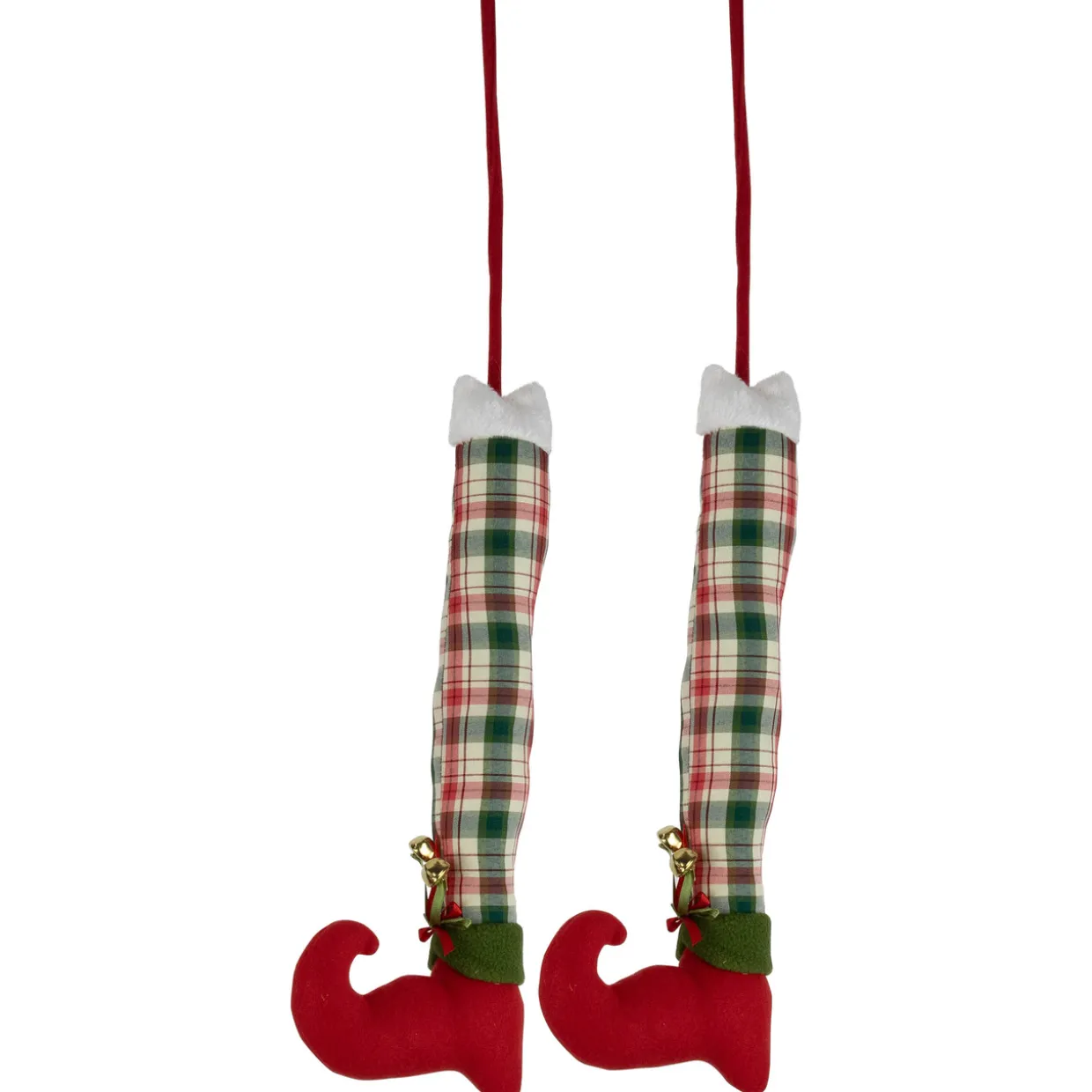 Set of 2 Red and Green Plaid Plush Elf Leg Christmas Picks 30"