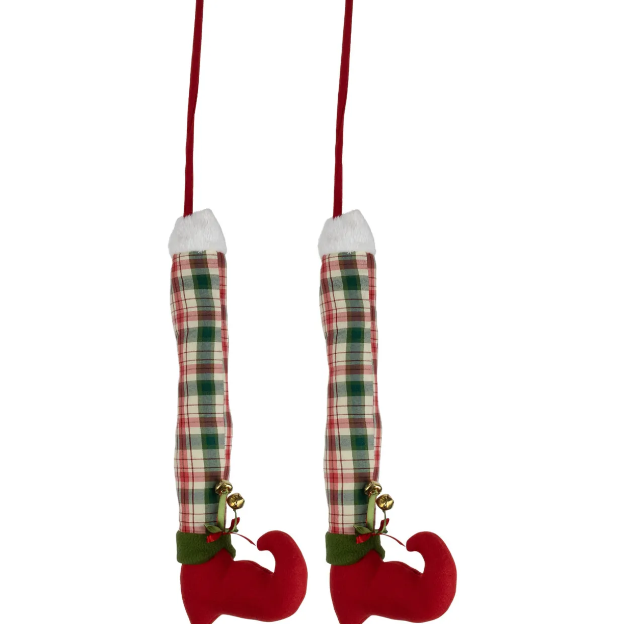 Set of 2 Red and Green Plaid Plush Elf Leg Christmas Picks 30"
