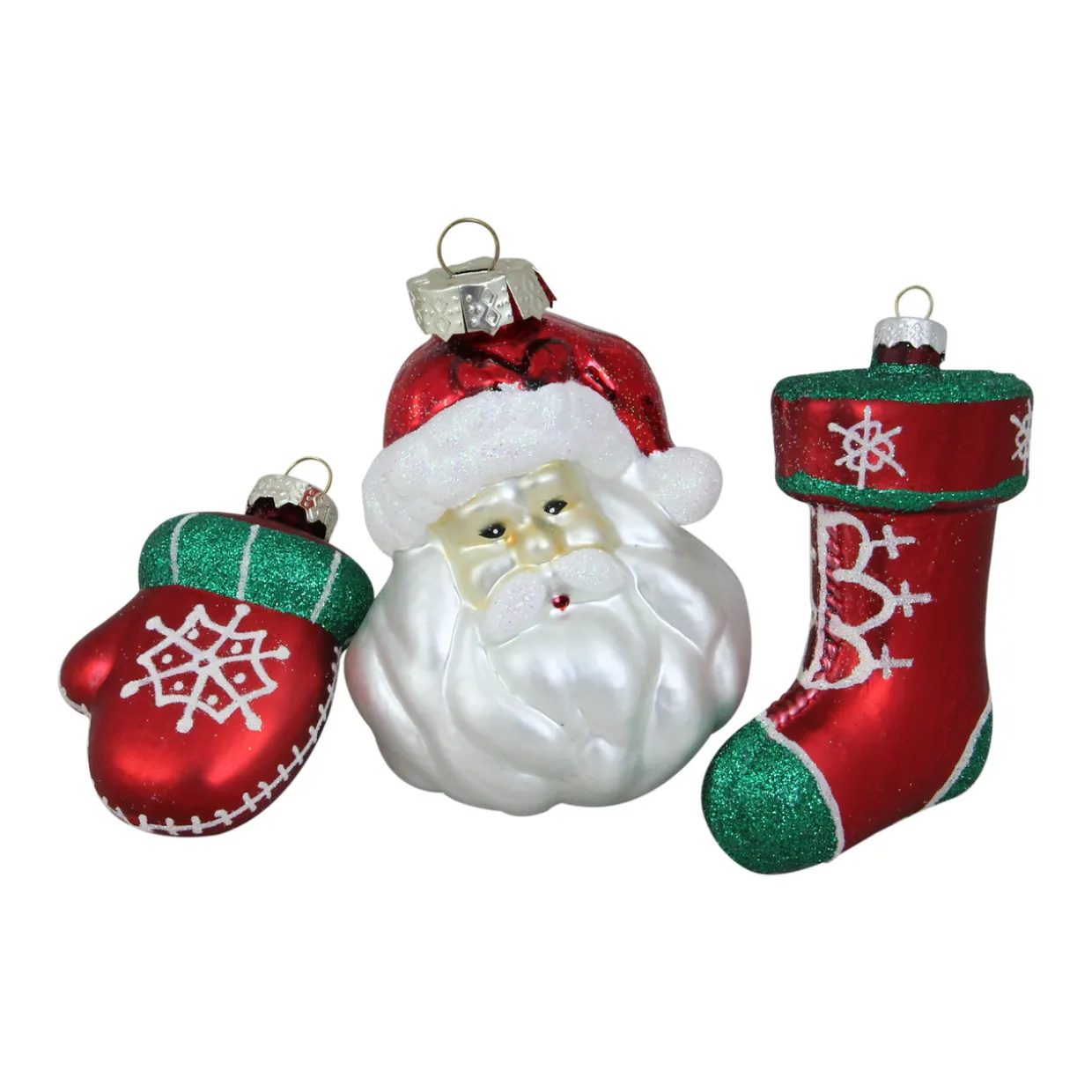 Set of 3 Red and Green Santa Glass Christmas Ornaments 4.25" (108mm)
