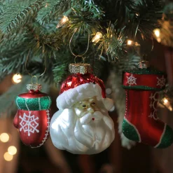 Set of 3 Red and Green Santa Glass Christmas Ornaments 4.25" (108mm)