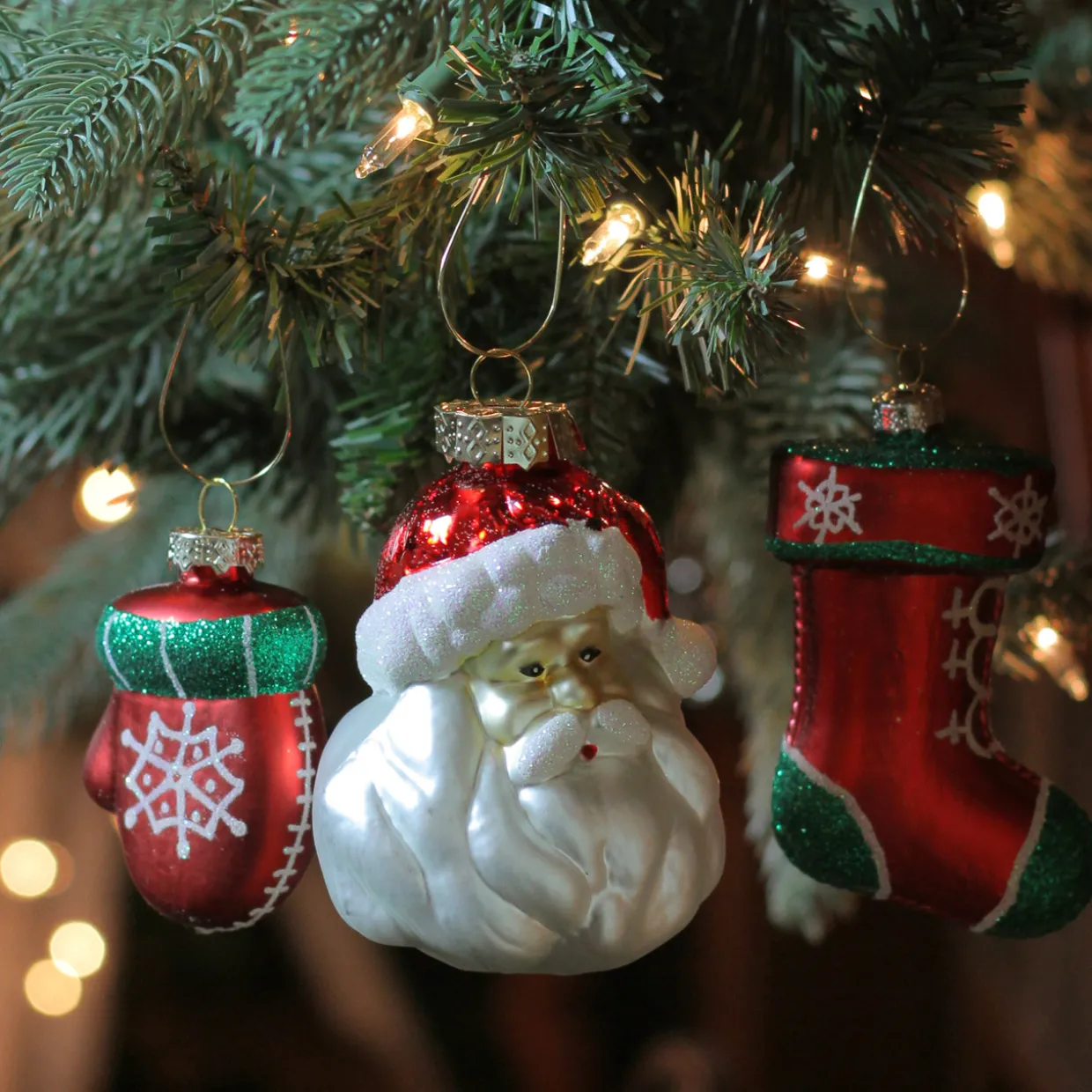 Set of 3 Red and Green Santa Glass Christmas Ornaments 4.25" (108mm)