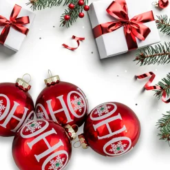 Set of 4 Red Ho Ho Ho Glass Ball Christmas Ornaments 3.25-Inch (80mm)