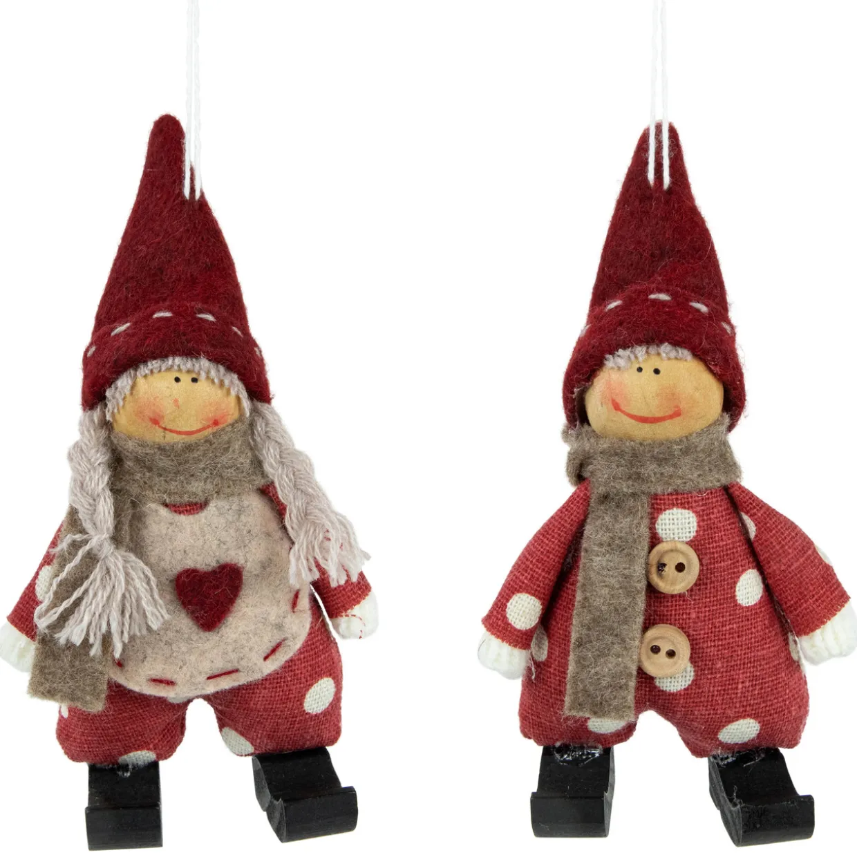Set of 2 Red Polka Dot Boy and Girl Hanging Christmas Ornaments 5.5"