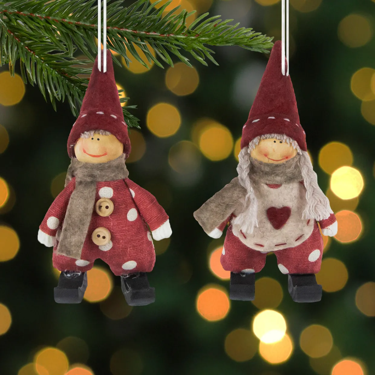 Set of 2 Red Polka Dot Boy and Girl Hanging Christmas Ornaments 5.5"