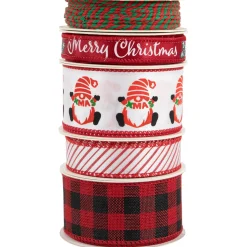 Set of 5 Santa Gnome Matching Themed Craft Christmas Ribbons 1.5
