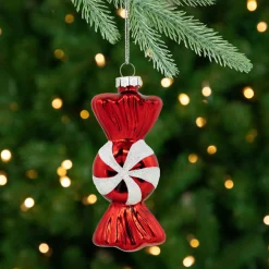 Set of 2 Shiny Red and White Glittered Candy Christmas Glass Ornaments 4"