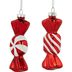 Set of 2 Shiny Red and White Glittered Candy Christmas Glass Ornaments 4