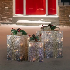 Set of 3 Silver Mesh Glittered Gift Boxes Outdoor Decorations
