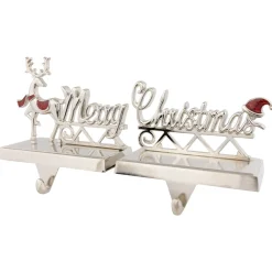 Set of 2 Silver Reindeer Merry Christmas Metal Stocking Holders 5.5